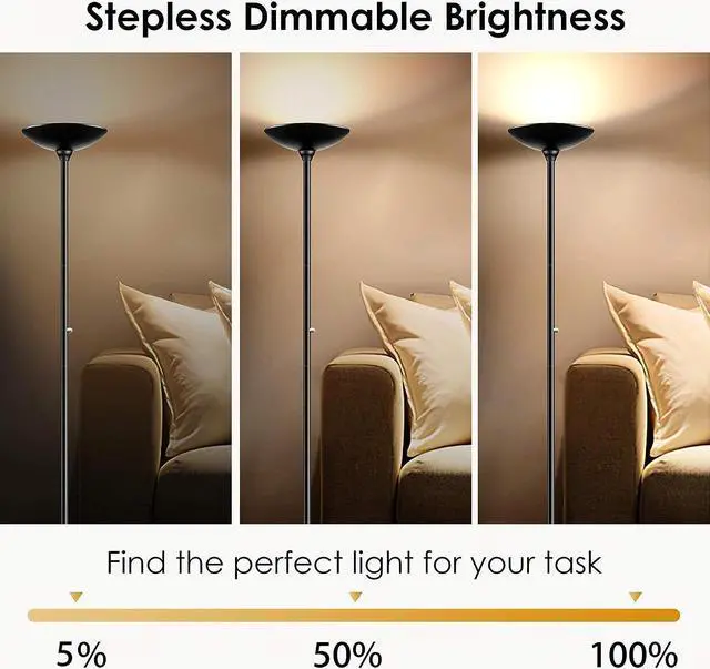 Alt view image 3 of 6 - BoostArea Torchiere Floor Lamp, 30W Super Bright LED Standing Lamp, Stepless Dimmable Pole Lamp with 3000K Lighting, Rotary Switch, 70 Inch Tall Metal Modern Floor Lamps for Living Room/Bedroom Black