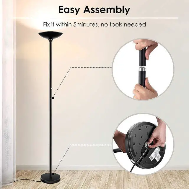 Alt view image 4 of 6 - BoostArea Torchiere Floor Lamp, 30W Super Bright LED Standing Lamp, Stepless Dimmable Pole Lamp with 3000K Lighting, Rotary Switch, 70 Inch Tall Metal Modern Floor Lamps for Living Room/Bedroom Black