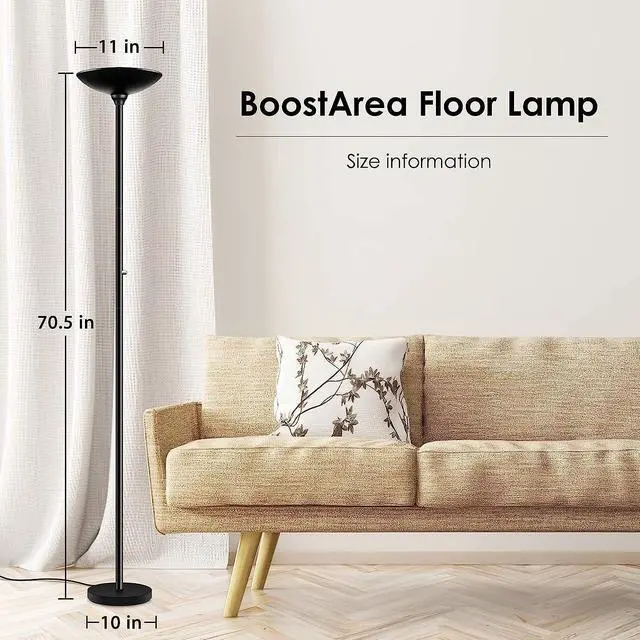 Alt view image 5 of 6 - BoostArea Torchiere Floor Lamp, 30W Super Bright LED Standing Lamp, Stepless Dimmable Pole Lamp with 3000K Lighting, Rotary Switch, 70 Inch Tall Metal Modern Floor Lamps for Living Room/Bedroom Black