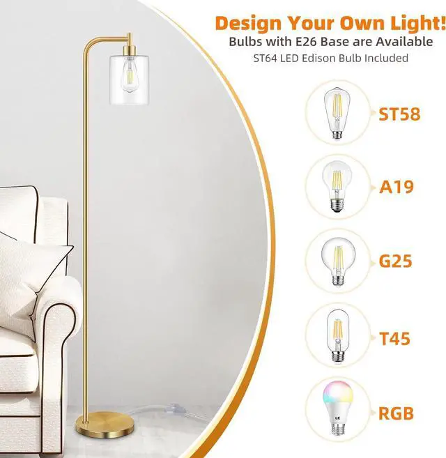 Alt view image 5 of 7 - Industrial Floor Lamp with Hanging Glass Shade Brass Gold Farmhouse Indoor Pole Light with Edison E26 Base Vintage Rustic Standing Tall Lighting for Living Room Bedroom Office(ST64 Bulb Included)