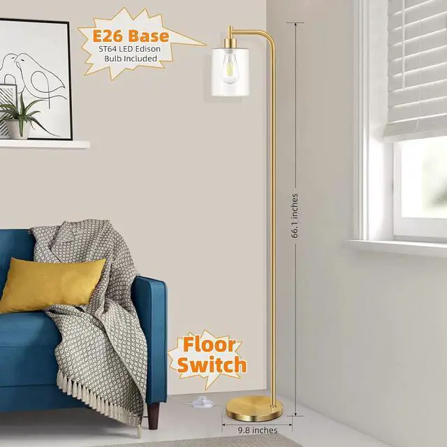 Alt view image 6 of 7 - Industrial Floor Lamp with Hanging Glass Shade Brass Gold Farmhouse Indoor Pole Light with Edison E26 Base Vintage Rustic Standing Tall Lighting for Living Room Bedroom Office(ST64 Bulb Included)