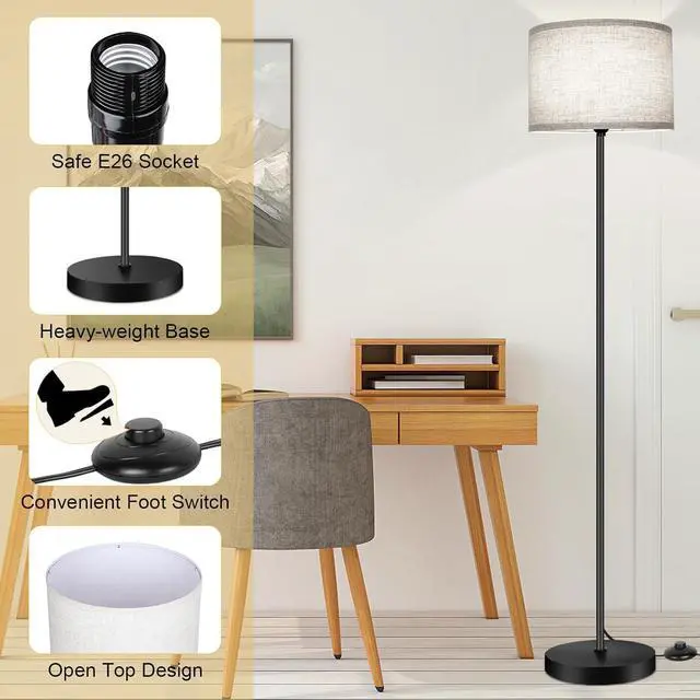 Alt view image 6 of 7 - TOBUSA 65 Floor Lamp for Living Room Bedroom with 3CCT LED Bulb, Modern Standing Lamp Drum Shade, Standing Lamp with Foot Switch Black Pole, Dimmable Simple Design Stand Up Lamp for Office Reading