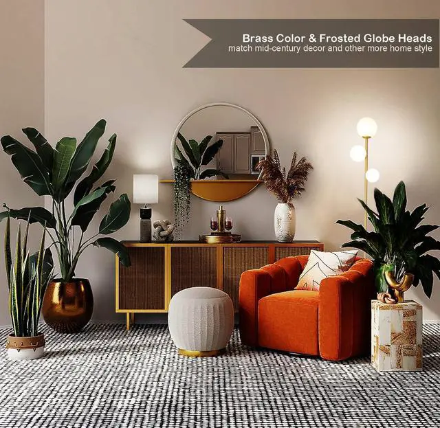 Alt view image 2 of 6 - Fiqevs 3 Globe Mid Century Modern Floor Lamp for Living Room, Gold Standing Lamp with Frosted Glass Shade and 3x2700K Warm LED Bulbs, Vintage Retro Tall Lamps for Bedrooms, Office - Antique Brass