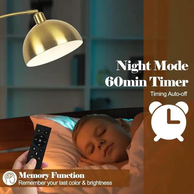 Alt view image 2 of 7 - Upgraded Arc Floor Lamps for Living Room - Stepless Dimmable Gold Tall Lamp with Remote Control & Color Temperature 9W LED Bulb, Over Couch Arched Reading Standing Lamp for Bedroom Brass