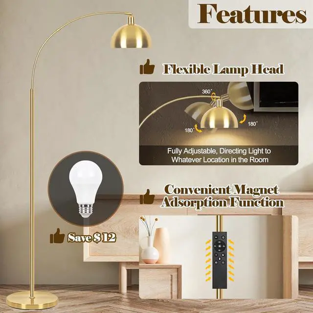 Alt view image 3 of 7 - Upgraded Arc Floor Lamps for Living Room - Stepless Dimmable Gold Tall Lamp with Remote Control & Color Temperature 9W LED Bulb, Over Couch Arched Reading Standing Lamp for Bedroom Brass