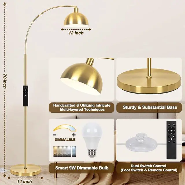 Alt view image 5 of 7 - Upgraded Arc Floor Lamps for Living Room - Stepless Dimmable Gold Tall Lamp with Remote Control & Color Temperature 9W LED Bulb, Over Couch Arched Reading Standing Lamp for Bedroom Brass