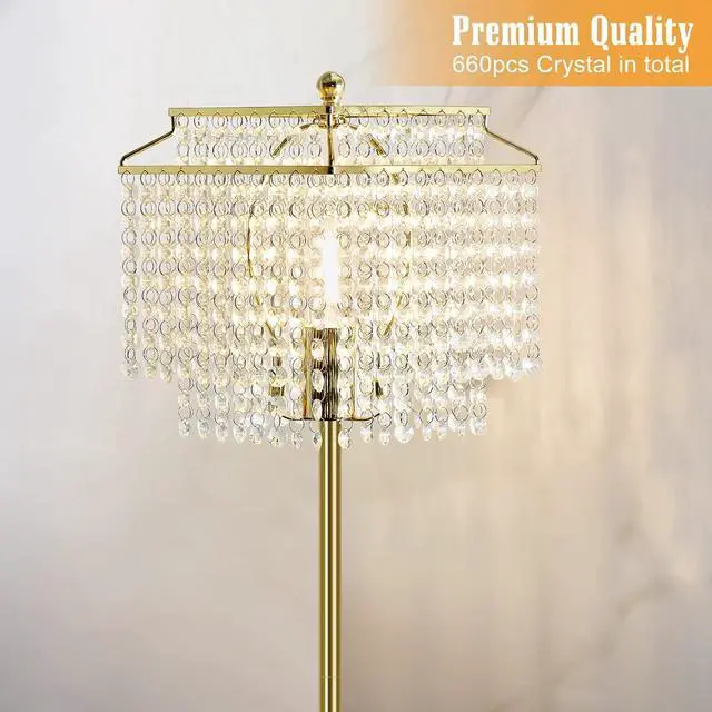 Alt view image 2 of 7 - Luvkczc Gold Crystal Floor Lamp, 64" Tall Elegant Standing Lamp with On-Off Foot Switch, Double-Layer Lampshade, Standing Floor Lamps for Living Room, Bedroom, Office, 8W LED Bulb Included
