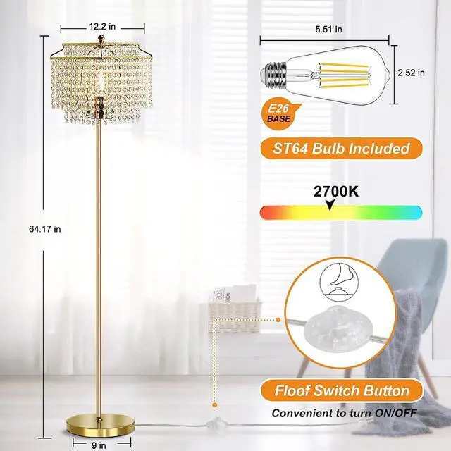 Alt view image 3 of 7 - Luvkczc Gold Crystal Floor Lamp, 64" Tall Elegant Standing Lamp with On-Off Foot Switch, Double-Layer Lampshade, Standing Floor Lamps for Living Room, Bedroom, Office, 8W LED Bulb Included