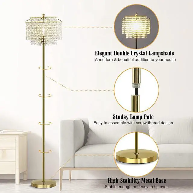 Alt view image 4 of 7 - Luvkczc Gold Crystal Floor Lamp, 64" Tall Elegant Standing Lamp with On-Off Foot Switch, Double-Layer Lampshade, Standing Floor Lamps for Living Room, Bedroom, Office, 8W LED Bulb Included