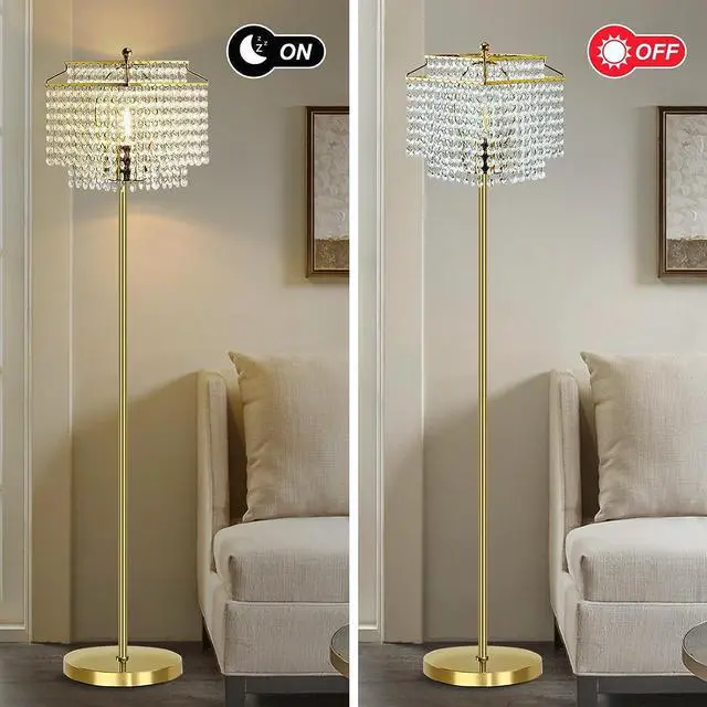 Alt view image 6 of 7 - Luvkczc Gold Crystal Floor Lamp, 64" Tall Elegant Standing Lamp with On-Off Foot Switch, Double-Layer Lampshade, Standing Floor Lamps for Living Room, Bedroom, Office, 8W LED Bulb Included