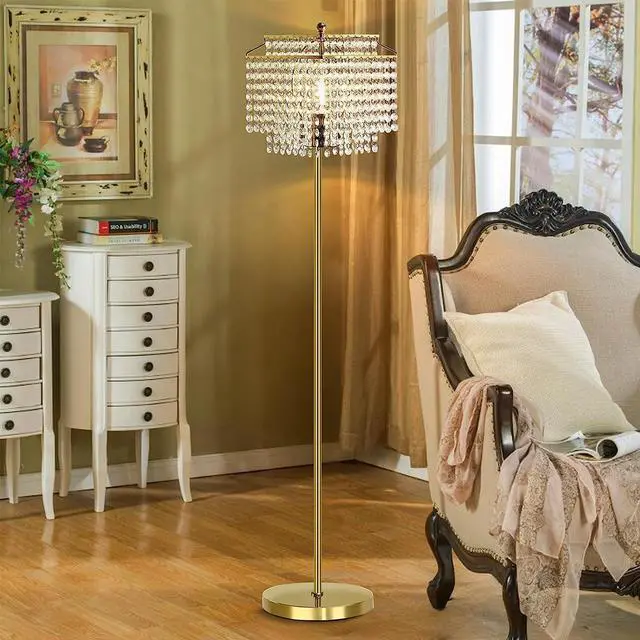 Alt view image 5 of 7 - Luvkczc Gold Crystal Floor Lamp, 64" Tall Elegant Standing Lamp with On-Off Foot Switch, Double-Layer Lampshade, Standing Floor Lamps for Living Room, Bedroom, Office, 8W LED Bulb Included