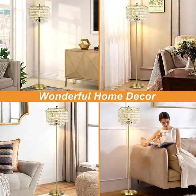 Alt view image 7 of 7 - Luvkczc Gold Crystal Floor Lamp, 64" Tall Elegant Standing Lamp with On-Off Foot Switch, Double-Layer Lampshade, Standing Floor Lamps for Living Room, Bedroom, Office, 8W LED Bulb Included
