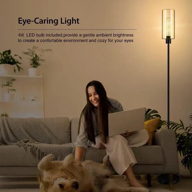 Alt view image 7 of 7 - BoostArea Floor Lamp for Living Room, Modern Standing Lamp Stand Up Lamp with Glass Lampshade, 4W Bulb Included, Pole Lamp Tall Lamps for Bedroom, Living Room, Office, Kids Room, Reading