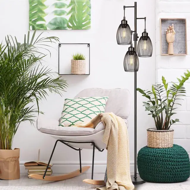 Alt view image 4 of 7 - 68 Dimmable Floor Lamp, 3 x 800LM LED Edison Bulbs Included, Industrial Floor Lamps for Living Room, Rustic Tall Lamps Standing Lamp for Bedrooms Living Room