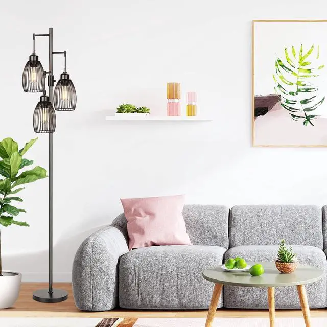 Alt view image 5 of 7 - 68 Dimmable Floor Lamp, 3 x 800LM LED Edison Bulbs Included, Industrial Floor Lamps for Living Room, Rustic Tall Lamps Standing Lamp for Bedrooms Living Room