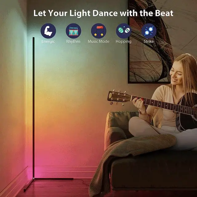 Alt view image 5 of 7 - RGB Corner Floor Lamp, Bluetooth APP and Remote Control Music Sync LED Modern Floor Lamp for Living Room, Light Timing, 398 Dimmable Modes, 64.5" RGB Color Changing Mood Lighting