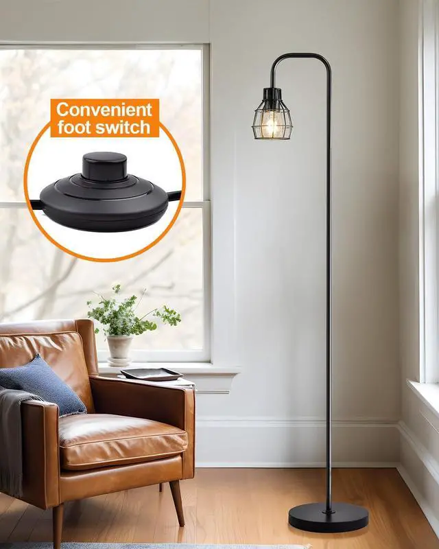 Alt view image 6 of 7 - Oneach 63.75" Industrial Floor Lamp Modern Black Floor Lamp with Footswitch Metal Reading Tall Pole Light with 4W LED Bulb Standing Tall Lamp for Living Room Bedroom Office E26 Base