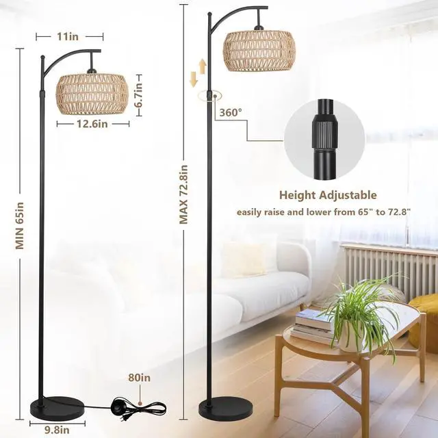 Alt view image 4 of 7 - Arc Floor Lamp with Remote Control, Dimmable LED Floor Lamp with 3 Color Temperature, Black Standing Lamp with Rattan & Fabric Double Drum Shade, Boho Farmhouse Tall Pole Lamp for Living Room Bedroom