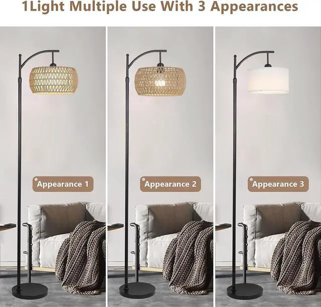 Alt view image 6 of 7 - Arc Floor Lamp with Remote Control, Dimmable LED Floor Lamp with 3 Color Temperature, Black Standing Lamp with Rattan & Fabric Double Drum Shade, Boho Farmhouse Tall Pole Lamp for Living Room Bedroom