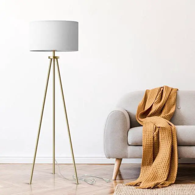 Main image of ALLDIO Tripod Floor Lamps for Living Room, Modern Standing Lamp with Drum Shade, Simple Industrial Tall Lamp, 9W LED Bulb Included - Brass