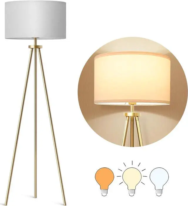 Alt view image 2 of 7 - ALLDIO Tripod Floor Lamps for Living Room, Modern Standing Lamp with Drum Shade, Simple Industrial Tall Lamp, 9W LED Bulb Included - Brass