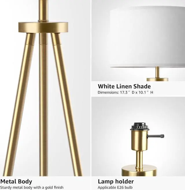 Alt view image 5 of 7 - ALLDIO Tripod Floor Lamps for Living Room, Modern Standing Lamp with Drum Shade, Simple Industrial Tall Lamp, 9W LED Bulb Included - Brass