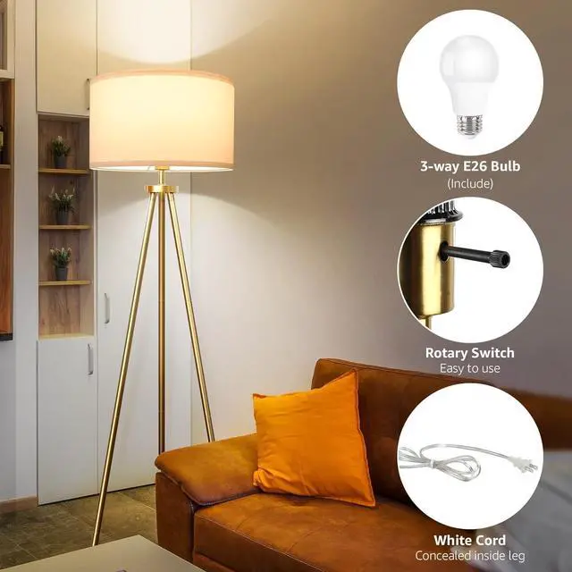 Alt view image 6 of 7 - ALLDIO Tripod Floor Lamps for Living Room, Modern Standing Lamp with Drum Shade, Simple Industrial Tall Lamp, 9W LED Bulb Included - Brass