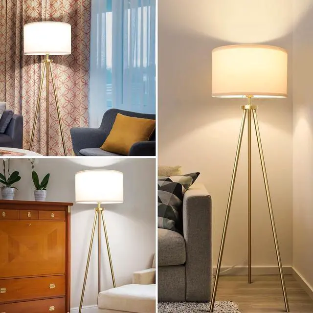 Alt view image 7 of 7 - ALLDIO Tripod Floor Lamps for Living Room, Modern Standing Lamp with Drum Shade, Simple Industrial Tall Lamp, 9W LED Bulb Included - Brass