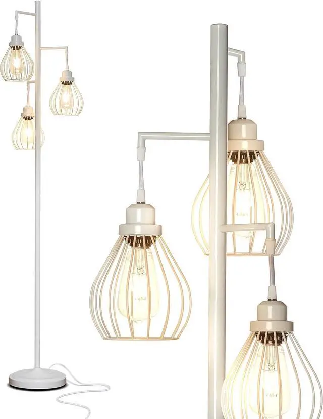 Main image of Brightech Teardrop LED Floor Lamp - Tree With 3 Elegant Cage Heads & Edison Bulbs - for Living Rooms, Offices & Bedroom Reading - Alpine White