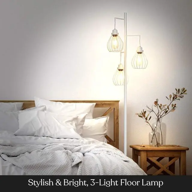 Alt view image 2 of 6 - Brightech Teardrop LED Floor Lamp - Tree With 3 Elegant Cage Heads & Edison Bulbs - for Living Rooms, Offices & Bedroom Reading - Alpine White