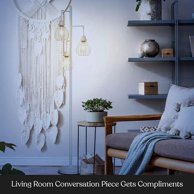 Alt view image 4 of 6 - Brightech Teardrop LED Floor Lamp - Tree With 3 Elegant Cage Heads & Edison Bulbs - for Living Rooms, Offices & Bedroom Reading - Alpine White