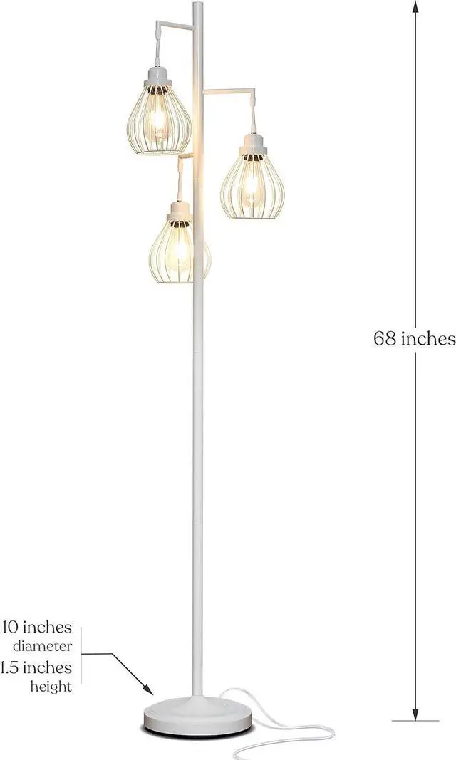 Alt view image 5 of 6 - Brightech Teardrop LED Floor Lamp - Tree With 3 Elegant Cage Heads & Edison Bulbs - for Living Rooms, Offices & Bedroom Reading - Alpine White