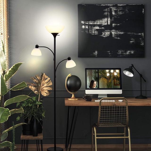 Alt view image 7 of 7 - Brightech Sky Dome Double LED Floor lamp, Torchiere Super Bright Floor Lamp with 2 Reading Lamps for Living Rooms & Offices - Dimmable Tall Standing Lamp for Bedroom Reading - Tall Black Pole