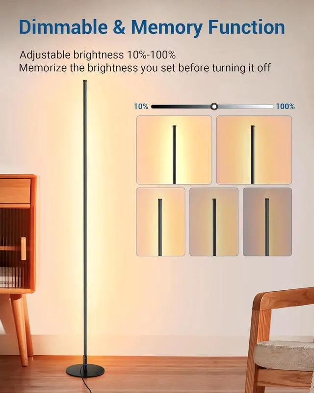 Alt view image 2 of 7 - DEWENWILS LED Corner Floor Lamp, 57.5" Minimalist Dimmable Light, Standing Tall Lamp for Living Room, Bedroom, Office, 3000K Warm White Light (Black)