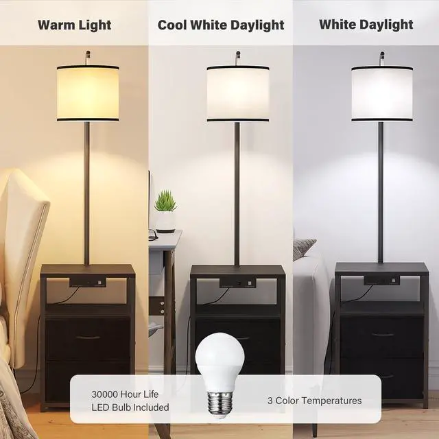 Alt view image 5 of 6 - SUNMORY Floor Lamp with Table & 2 Drawers, Lamp with USB Port and Outlet, Lamps for Nightstand with 3 Color Temperature Led Bulb Included, Floor Lamps for Living Room, Bedroom and Home Office, Black