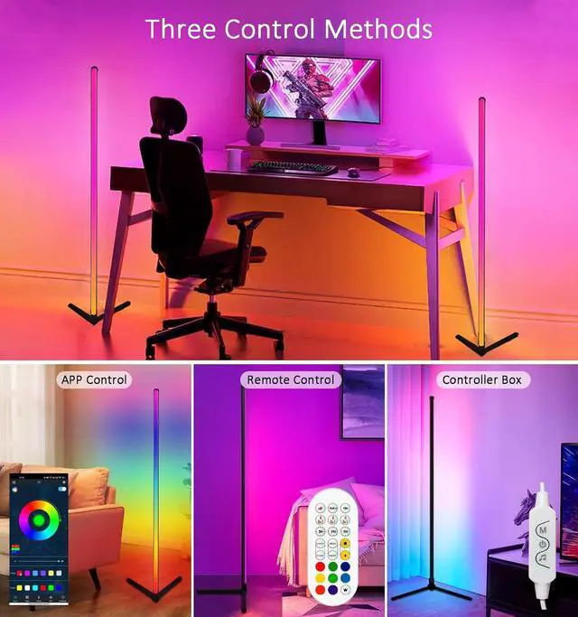 Alt view image 3 of 7 - RGB Corner Floor Lamp, Color Changing Mood Lighting with App and Remote Control, Music Sync/DIY Colors, Modern LED Floor Lamp for Bedroom Living Rooms Gaming Room, 16 Million Colors & Scene Mode