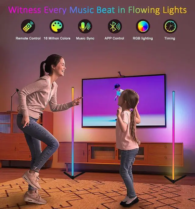 Alt view image 2 of 7 - RGB Corner Floor Lamp, Color Changing Mood Lighting with App and Remote Control, Music Sync/DIY Colors, Modern LED Floor Lamp for Bedroom Living Rooms Gaming Room, 16 Million Colors & Scene Mode