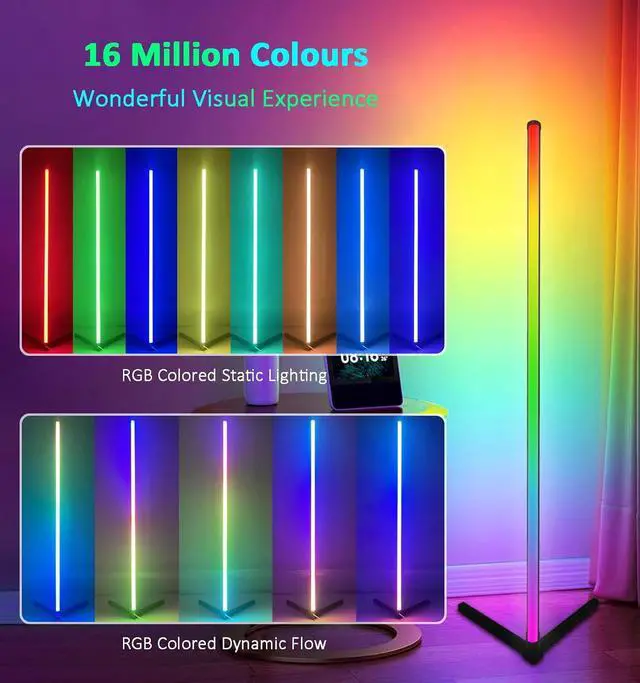 Alt view image 4 of 7 - RGB Corner Floor Lamp, Color Changing Mood Lighting with App and Remote Control, Music Sync/DIY Colors, Modern LED Floor Lamp for Bedroom Living Rooms Gaming Room, 16 Million Colors & Scene Mode