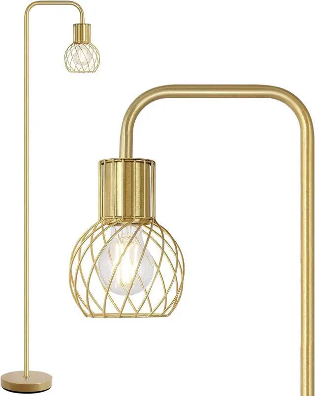 Main image of Brass Gold Standing Floor Lamp for Living Room - Modern Industrial Design with 6W LED Bulb, Foot Switch, Metal Tall Stand, Minimalist Farmhouse Boho Style for Bedroom & Office