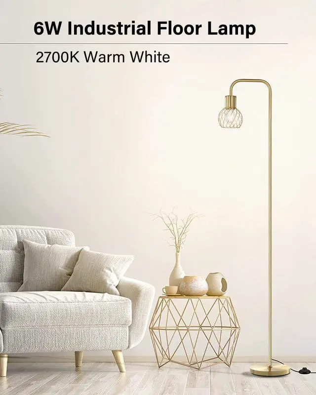 Alt view image 2 of 7 - Brass Gold Standing Floor Lamp for Living Room - Modern Industrial Design with 6W LED Bulb, Foot Switch, Metal Tall Stand, Minimalist Farmhouse Boho Style for Bedroom & Office