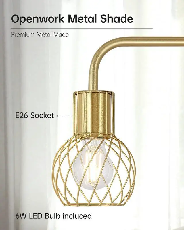 Alt view image 3 of 7 - Brass Gold Standing Floor Lamp for Living Room - Modern Industrial Design with 6W LED Bulb, Foot Switch, Metal Tall Stand, Minimalist Farmhouse Boho Style for Bedroom & Office