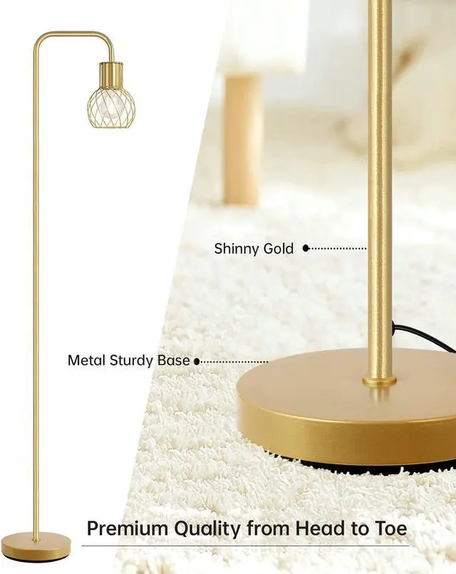 Alt view image 4 of 7 - Brass Gold Standing Floor Lamp for Living Room - Modern Industrial Design with 6W LED Bulb, Foot Switch, Metal Tall Stand, Minimalist Farmhouse Boho Style for Bedroom & Office