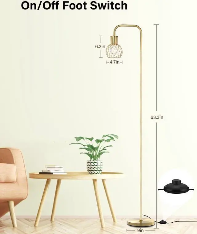 Alt view image 5 of 7 - Brass Gold Standing Floor Lamp for Living Room - Modern Industrial Design with 6W LED Bulb, Foot Switch, Metal Tall Stand, Minimalist Farmhouse Boho Style for Bedroom & Office