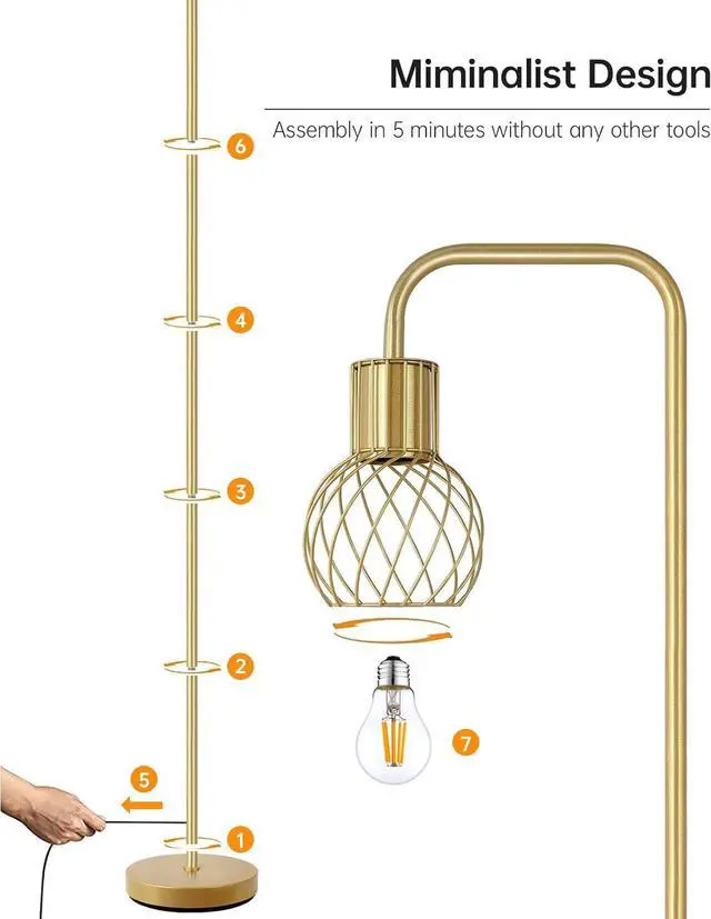 Alt view image 6 of 7 - Brass Gold Standing Floor Lamp for Living Room - Modern Industrial Design with 6W LED Bulb, Foot Switch, Metal Tall Stand, Minimalist Farmhouse Boho Style for Bedroom & Office