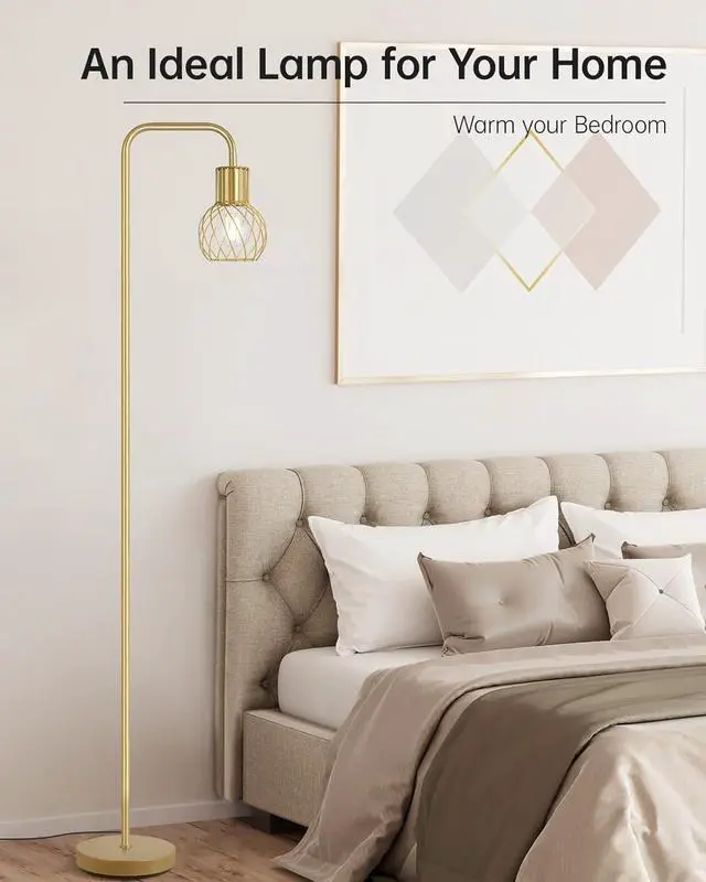 Alt view image 7 of 7 - Brass Gold Standing Floor Lamp for Living Room - Modern Industrial Design with 6W LED Bulb, Foot Switch, Metal Tall Stand, Minimalist Farmhouse Boho Style for Bedroom & Office
