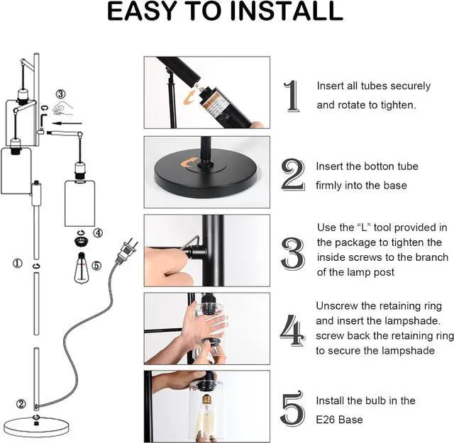 Alt view image 6 of 7 - Airposta Industrial Floor Lamp with On/Off Dimmable Switch, 3-Head Rustic Tree Standing Lamp, Edison Bulb 40W Retro Tall Glass Floor Light for Living Room, Reading, Office, Bedroom, Black