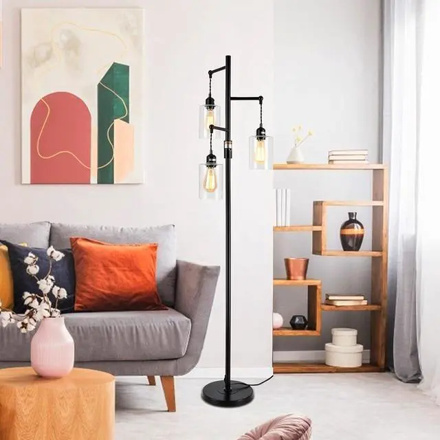 Alt view image 7 of 7 - Airposta Industrial Floor Lamp with On/Off Dimmable Switch, 3-Head Rustic Tree Standing Lamp, Edison Bulb 40W Retro Tall Glass Floor Light for Living Room, Reading, Office, Bedroom, Black