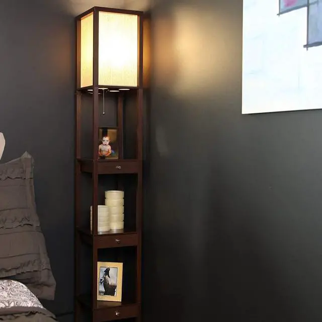 Alt view image 7 of 7 - Brightech Maxwell Drawer Edition - Modern Shelf Floor Lamp with Drawer - Corner Display Floor Lamps with Shelves for Living Room, Bedroom and Office - Havana Brown