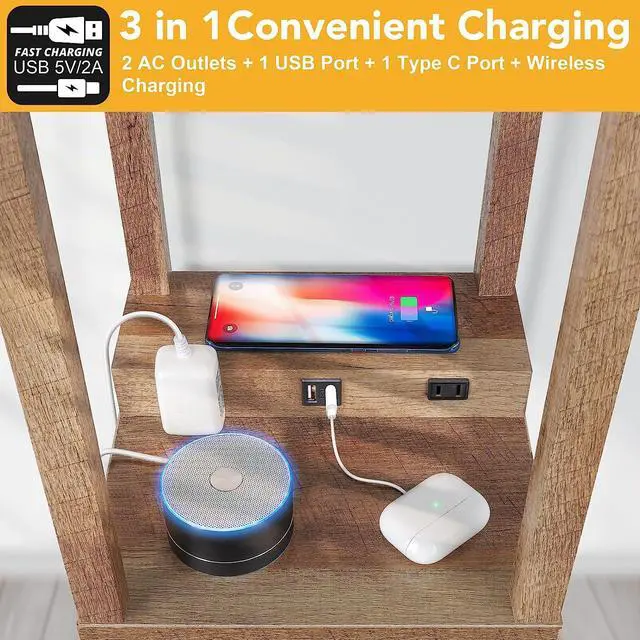 Alt view image 2 of 7 - Mlambert Modern Shelf Floor Lamp with Wireless Charger & Fast Charging USB Ports & Type C Port & 2 Power Outlets,3 Tier Storage Lamp for Bedroom(Wood)