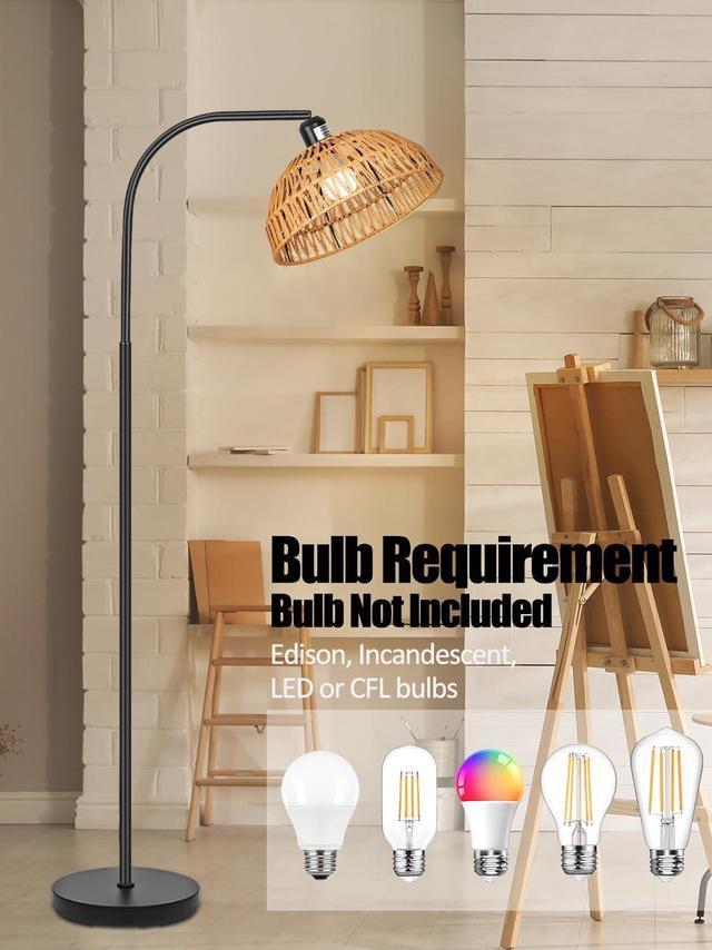 Arc Floor Lamp with Remote Control, Boho Rattan Floor Lamps, Dimmable  Farmhouse